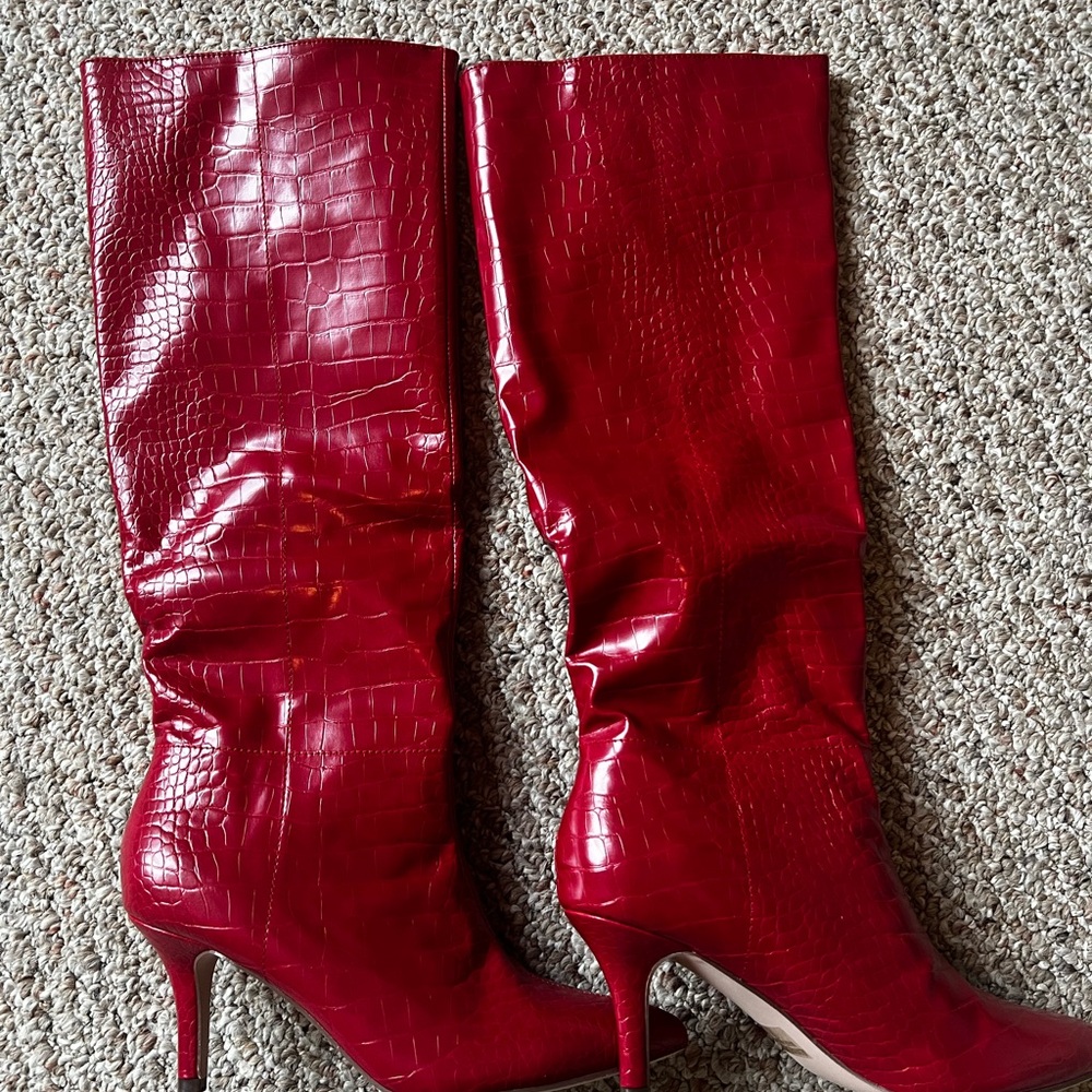 Lulu's Bold Red Croc-Embossed Heeled Boots